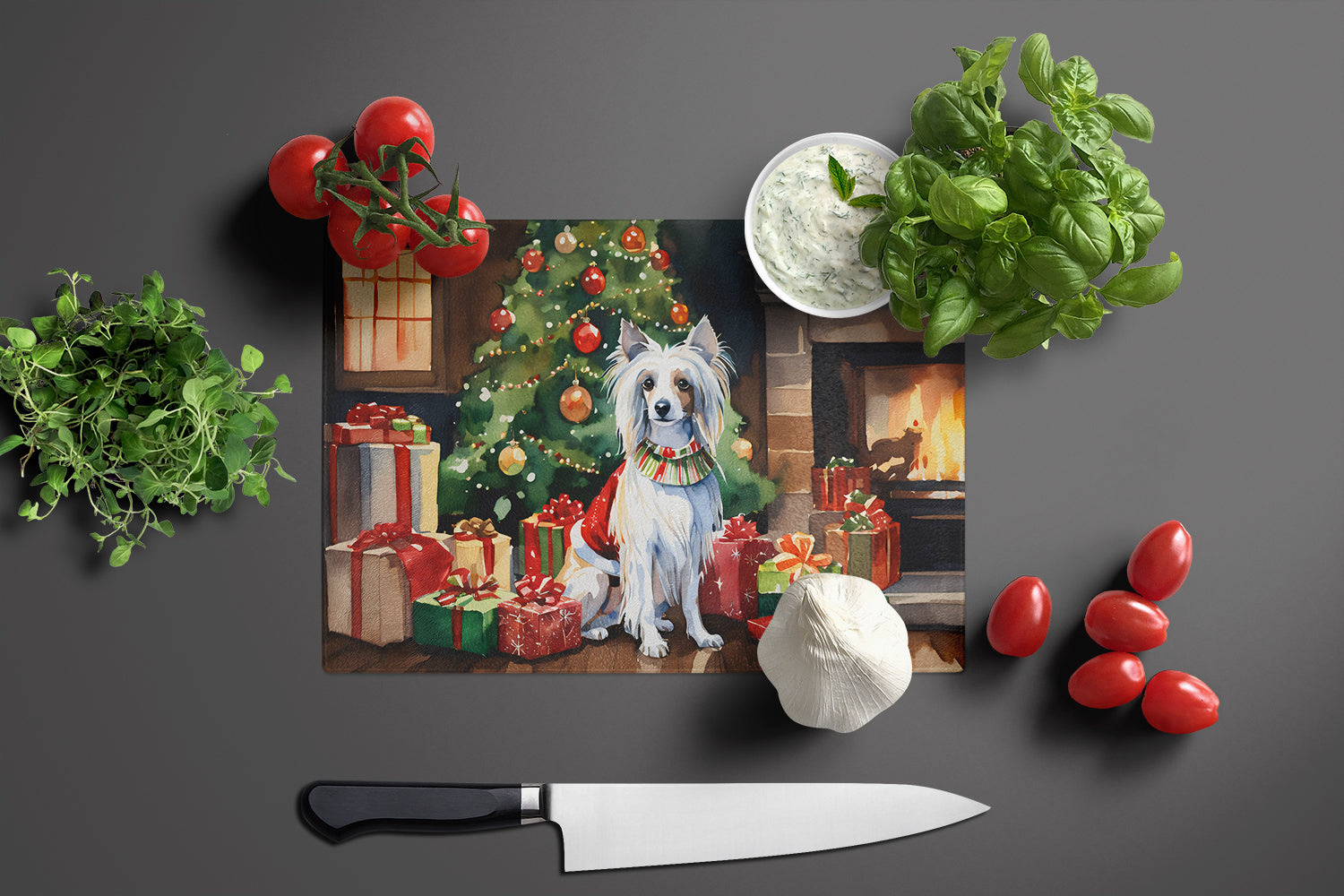 Chinese Crested Cozy Christmas Cutting Board Tempered Glass Kitchen Cutting Surface, Heat Resistant Chopping, Non-Slip Feet, Food Prep & Serving