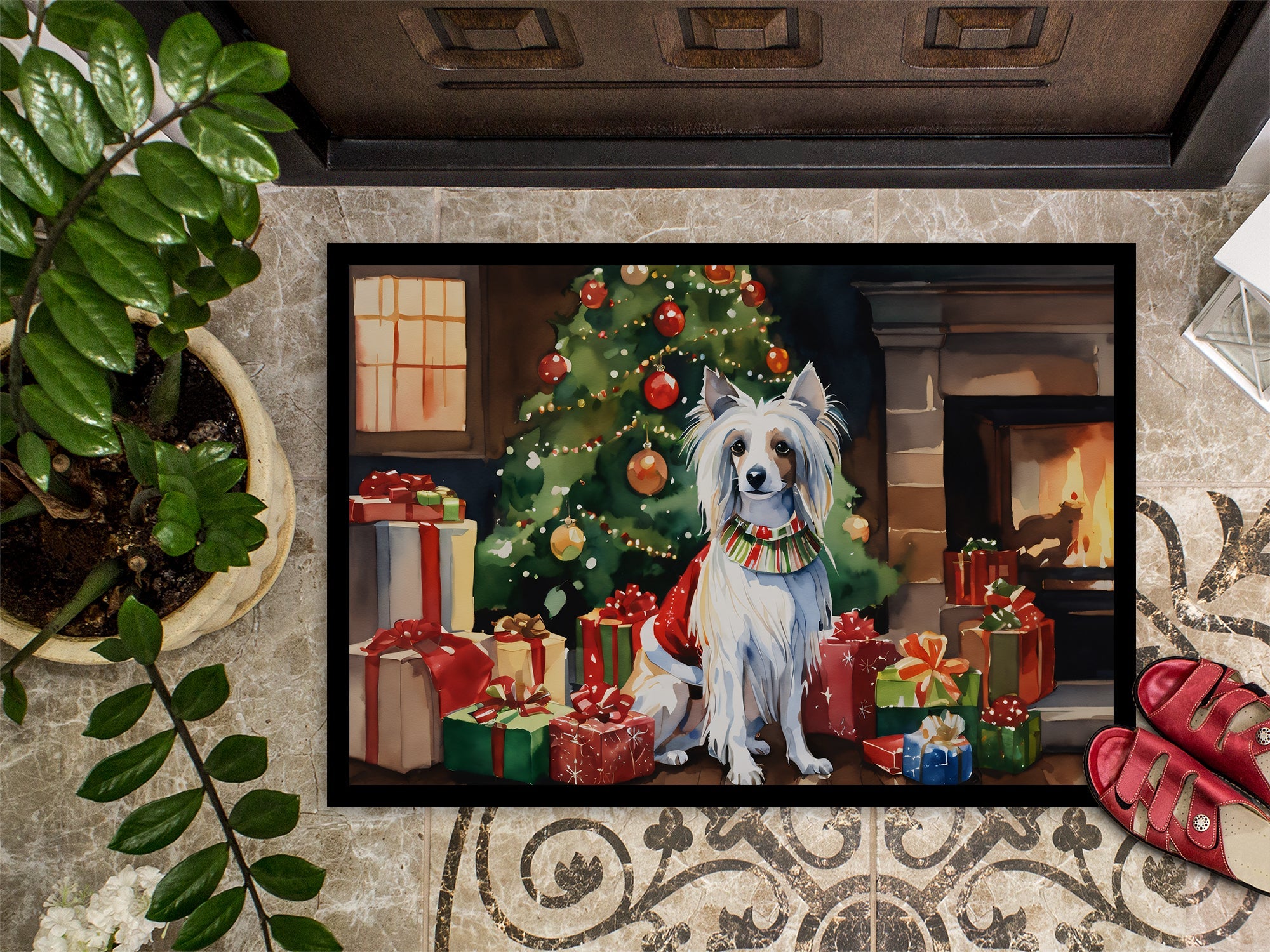 Chinese Crested Cozy Christmas Doormat Indoor Outdoor 18H X 27W Front Door Mat Rugs for Entryway, Non Slip Washable