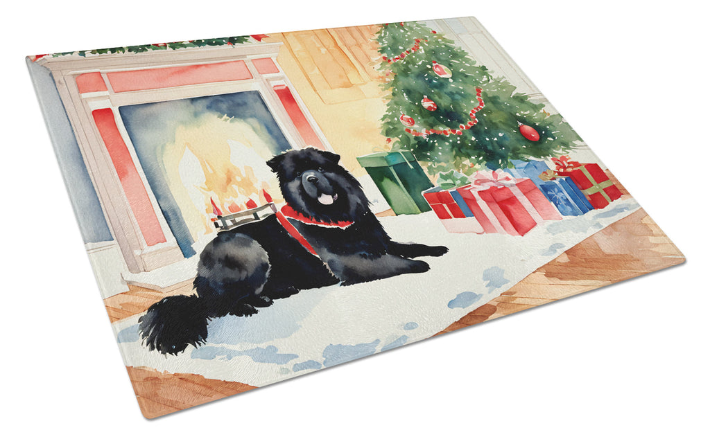 Chow Chow Cozy Christmas Cutting Board Tempered Glass Kitchen Cutting Surface, Heat Resistant Chopping, Non-Slip Feet, Food Prep & Serving