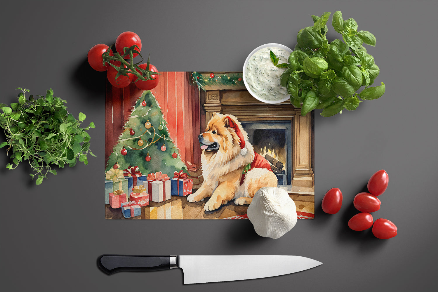 Chow Chow Cozy Christmas Cutting Board Tempered Glass Kitchen Cutting Surface, Heat Resistant Chopping, Non-Slip Feet, Food Prep & Serving