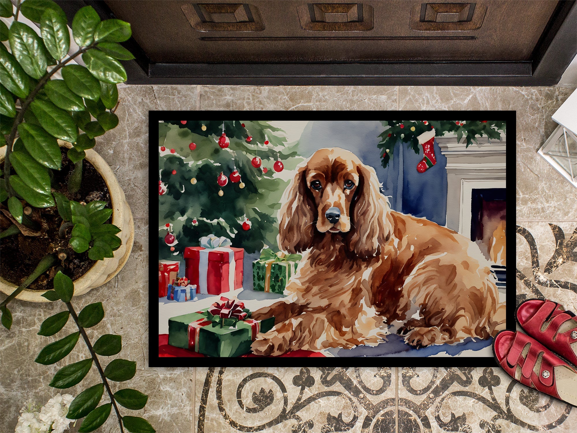 Cocker Spaniel Cozy Christmas Doormat Indoor Outdoor 24H X 36W Front Door Mat Rugs for Entryway, Non Slip Washable Low Pile,