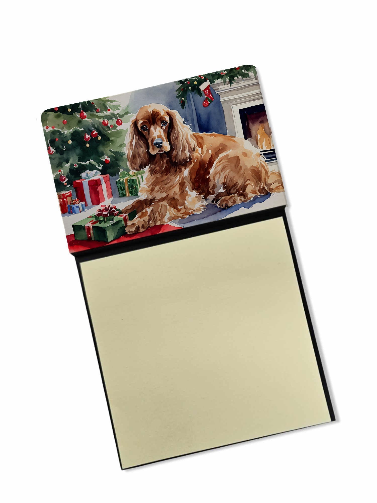 Cocker Spaniel Cozy Christmas Watercolor Sticky Note Holder Refillable Dispenser Desk Accessory 3x3 Pad Gift