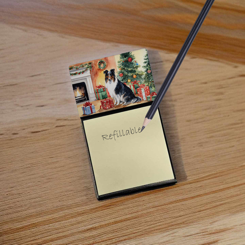 Collie Cozy Christmas Watercolor Sticky Note Holder Refillable Dispenser Desk Accessory 3x3 Pad Gift