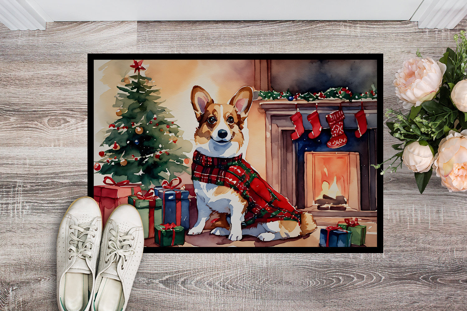 Corgi Cozy Christmas Doormat Indoor Outdoor 24H X 36W Front Door Mat Rugs for Entryway, Non Slip Washable Low Pile,