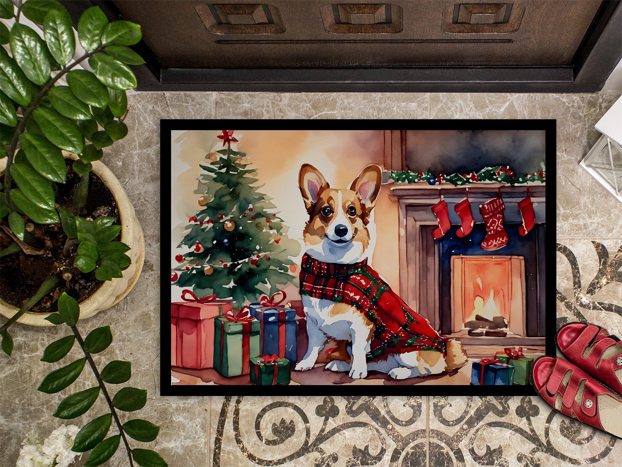 Corgi Cozy Christmas Doormat Indoor Outdoor 18H X 27W Front Door Mat Rugs for Entryway, Non Slip Washable