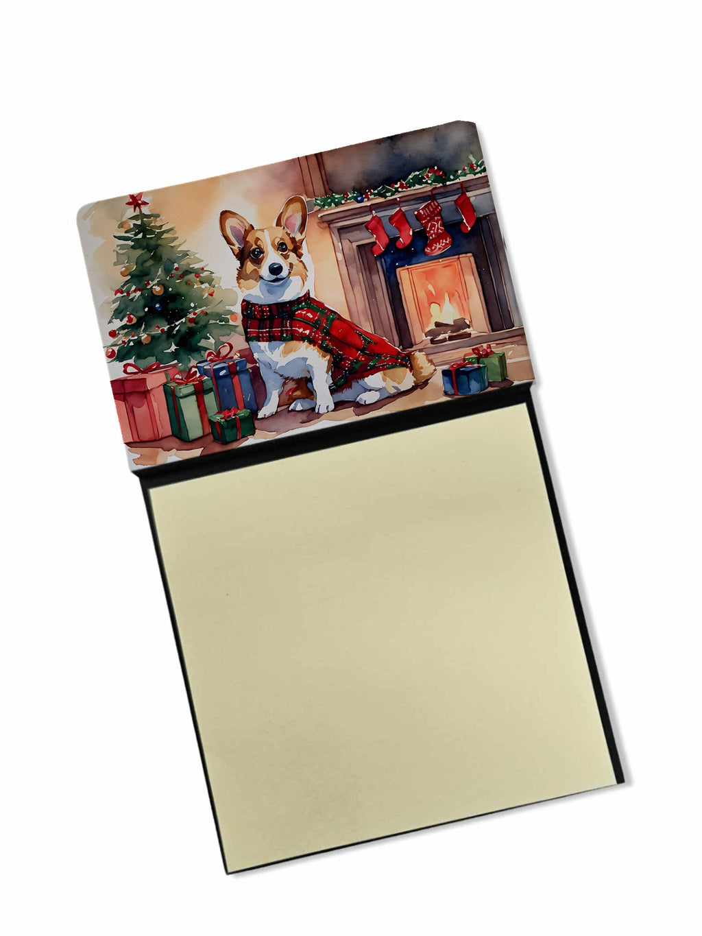 Corgi Cozy Christmas Watercolor Sticky Note Holder Refillable Dispenser Desk Accessory 3x3 Pad Gift
