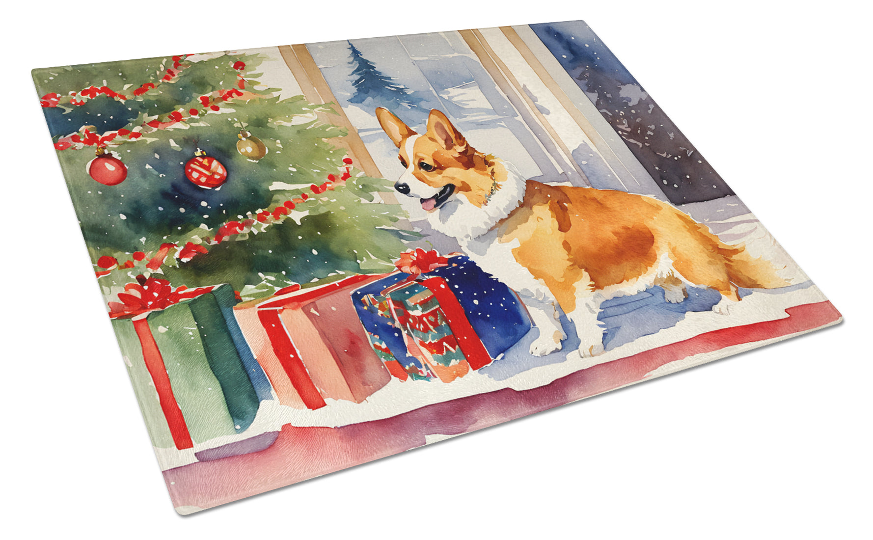 Corgi Cozy Christmas Cutting Board Tempered Glass Kitchen Cutting Surface, Heat Resistant Chopping, Non-Slip Feet, Food Prep & Serving