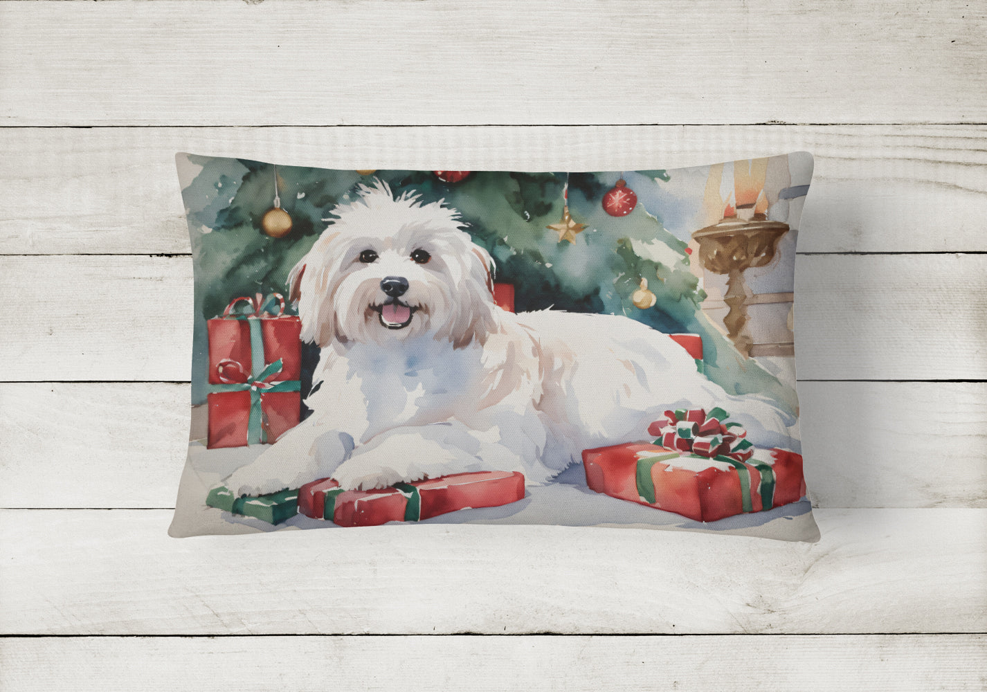 Coton De Tulear Cozy Christmas Decorative Throw Pillow 12x16 Indoor Outdoor Accent Cushion, Fabric Cover with Insert for Sofa, Bed, Porch & Living Room