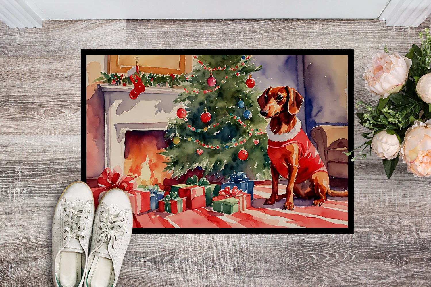 Dachshund Cozy Christmas Doormat Indoor Outdoor 24H X 36W Front Door Mat Rugs for Entryway, Non Slip Washable Low Pile,