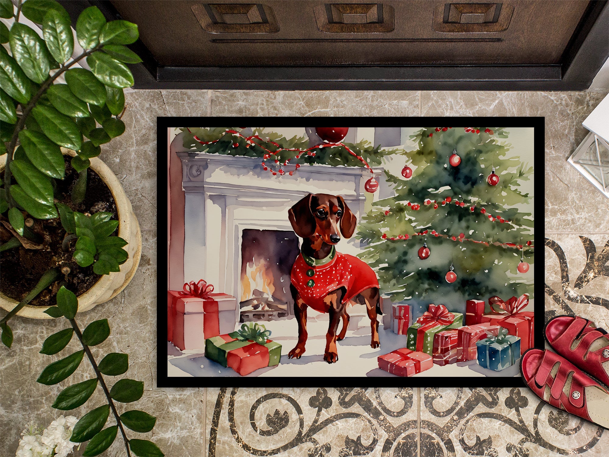 Dachshund Cozy Christmas Doormat Indoor Outdoor 24H X 36W Front Door Mat Rugs for Entryway, Non Slip Washable Low Pile,