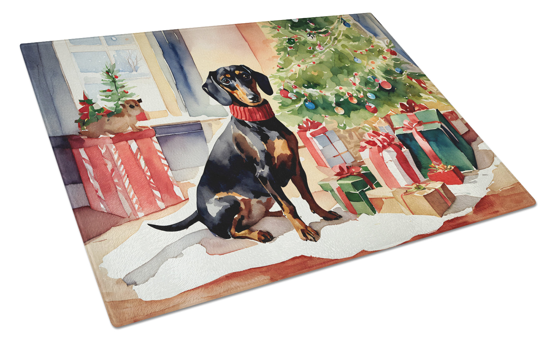 Dachshund Cozy Christmas Cutting Board Tempered Glass Kitchen Cutting Surface, Heat Resistant Chopping, Non-Slip Feet, Food Prep & Serving