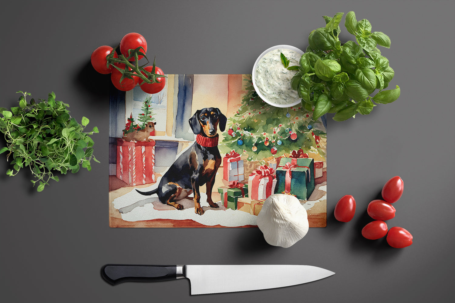 Dachshund Cozy Christmas Cutting Board Tempered Glass Kitchen Cutting Surface, Heat Resistant Chopping, Non-Slip Feet, Food Prep & Serving