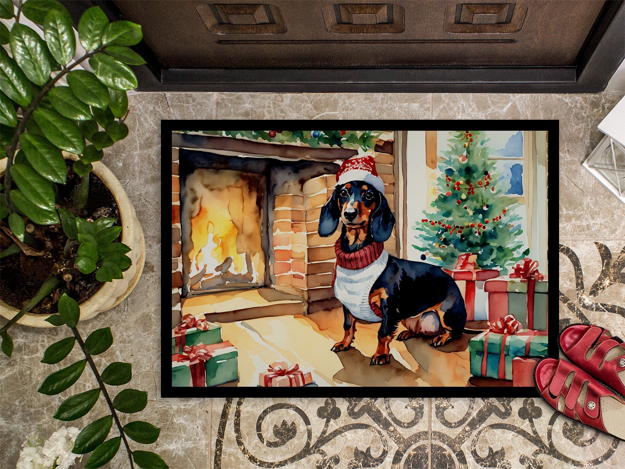 Dachshund Cozy Christmas Doormat Indoor Outdoor 18H X 27W Front Door Mat Rugs for Entryway, Non Slip Washable