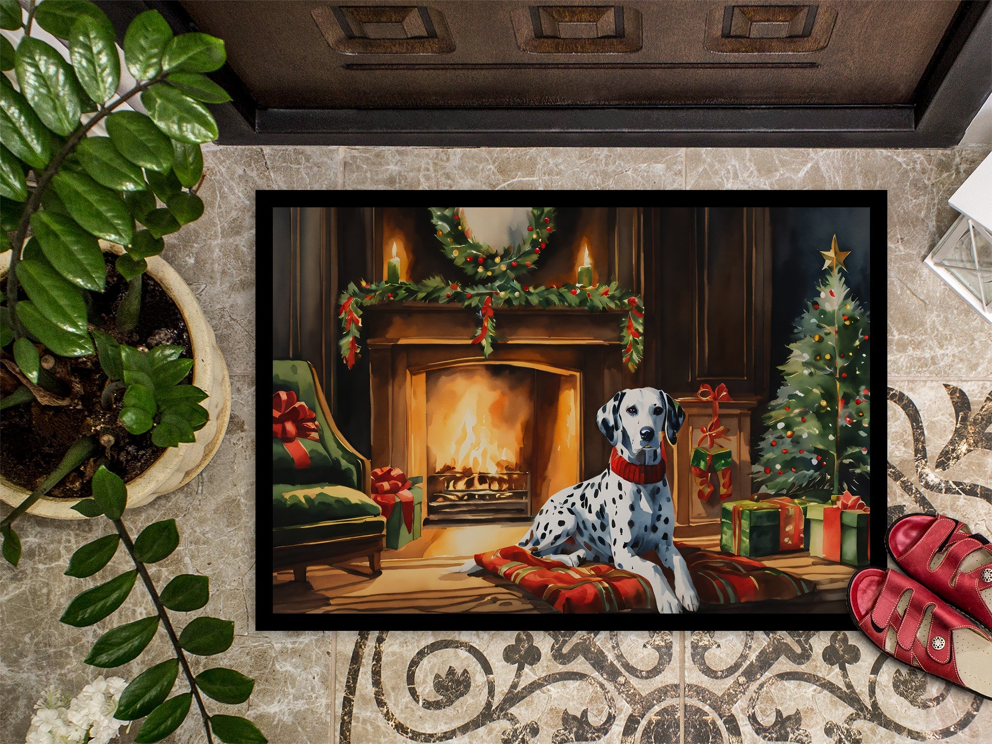 Dalmatian Cozy Christmas Doormat Indoor Outdoor 24H X 36W Front Door Mat Rugs for Entryway, Non Slip Washable Low Pile,
