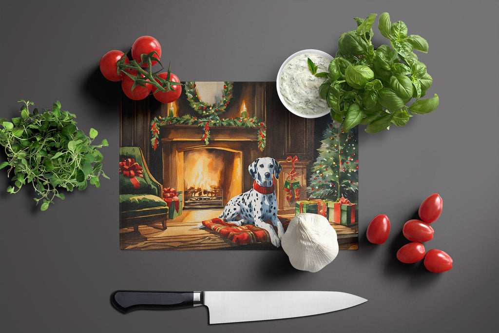 Dalmatian Cozy Christmas Cutting Board Tempered Glass Kitchen Cutting Surface, Heat Resistant Chopping, Non-Slip Feet, Food Prep & Serving
