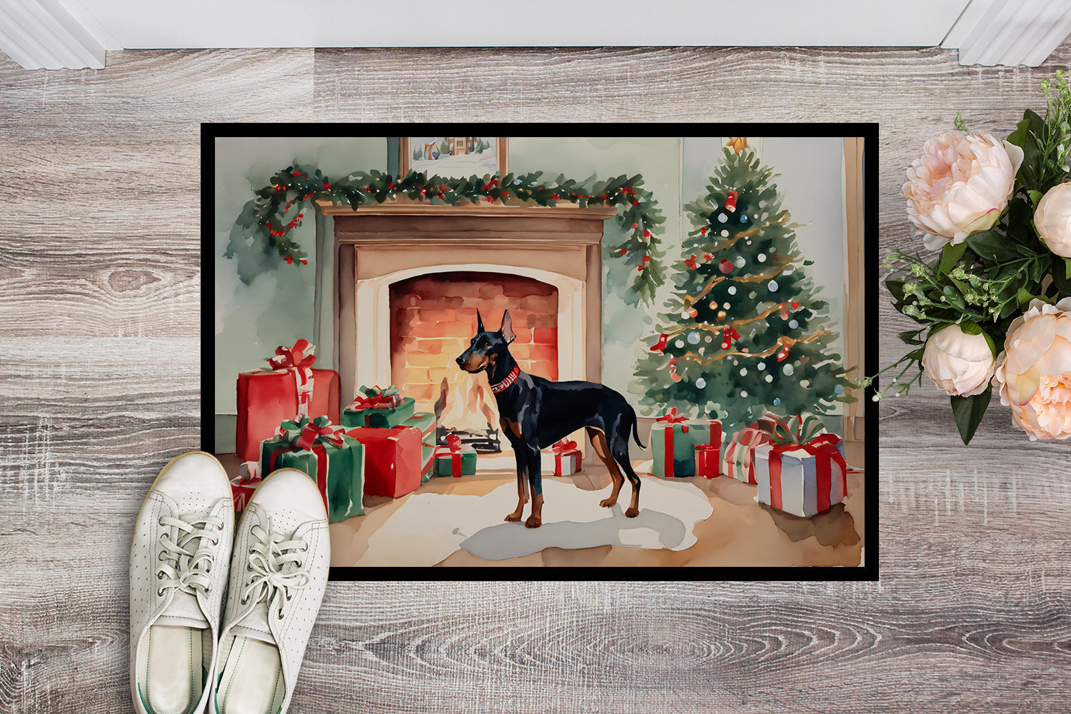 Doberman Pinscher Cozy Christmas Doormat Indoor Outdoor 24H X 36W Front Door Mat Rugs for Entryway, Non Slip Washable Low Pile,