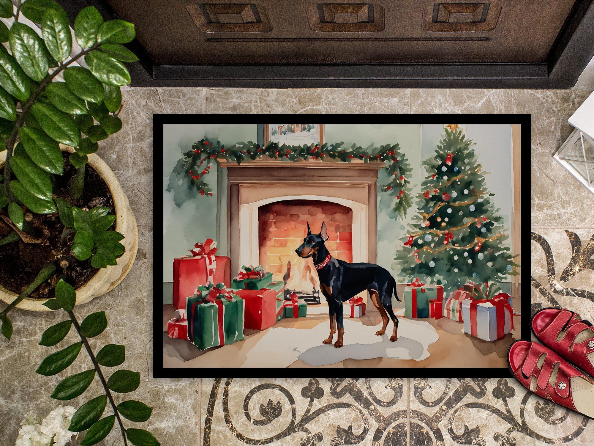 Doberman Pinscher Cozy Christmas Doormat Indoor Outdoor 24H X 36W Front Door Mat Rugs for Entryway, Non Slip Washable Low Pile,