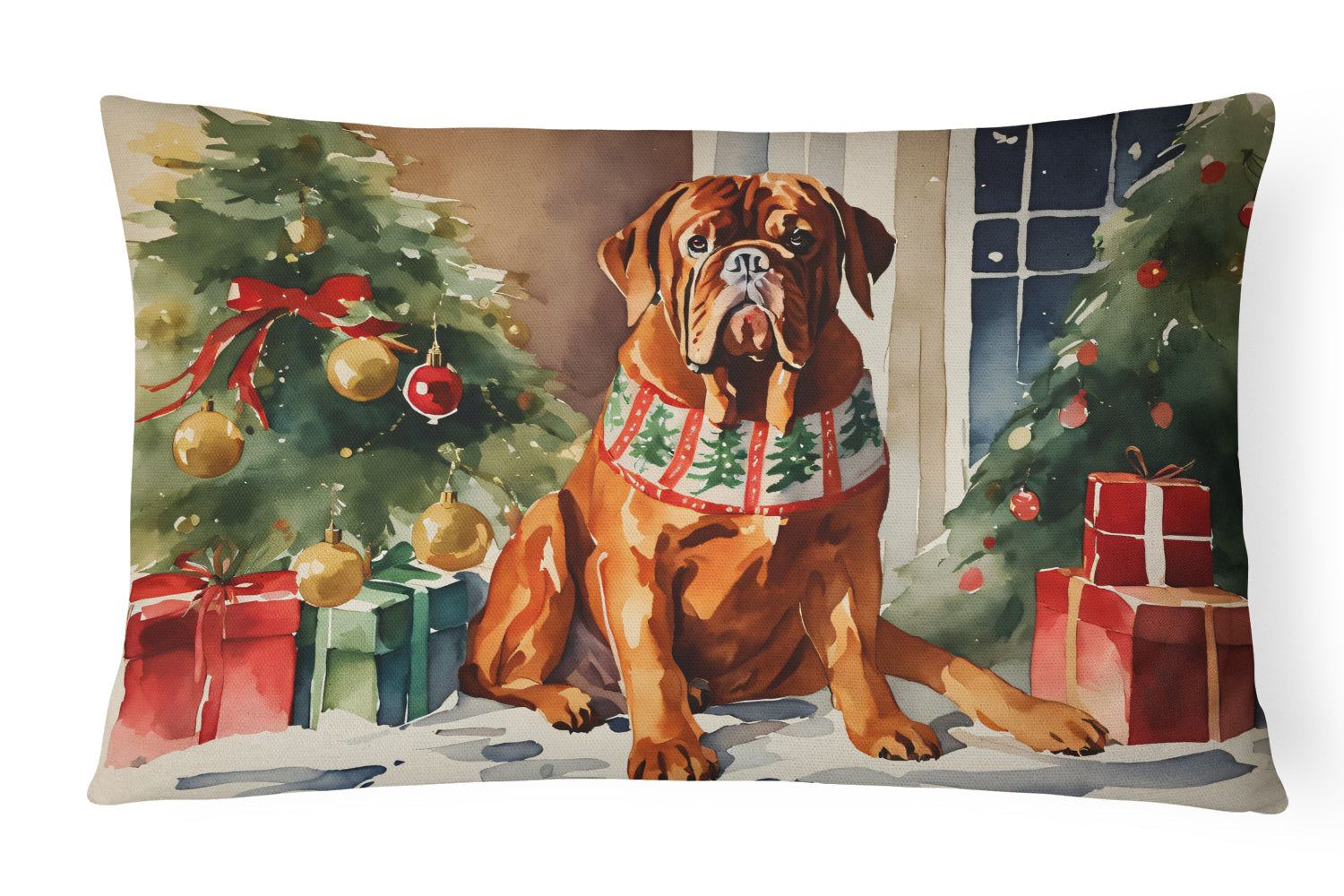 Dogue de Bordeaux Cozy Christmas Decorative Throw Pillow 12x16 Indoor Outdoor Accent Cushion, Fabric Cover with Insert for Sofa, Bed, Porch & Living Room