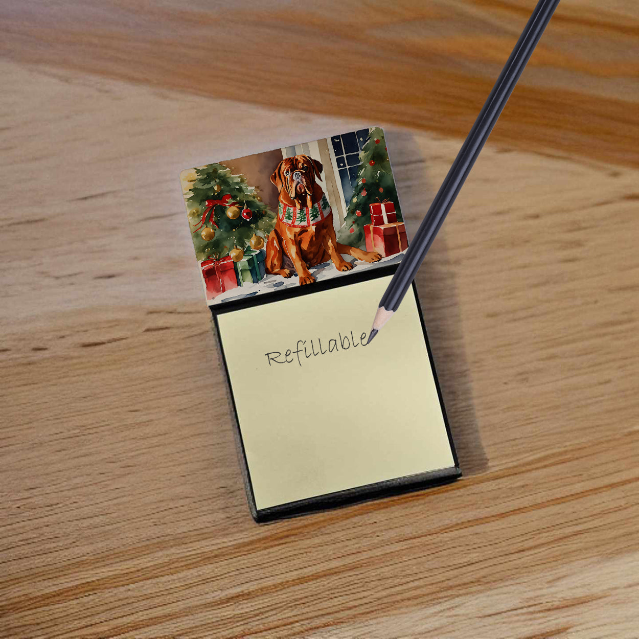 Dogue de Bordeaux Cozy Christmas Watercolor Sticky Note Holder Refillable Dispenser Desk Accessory 3x3 Pad Gift