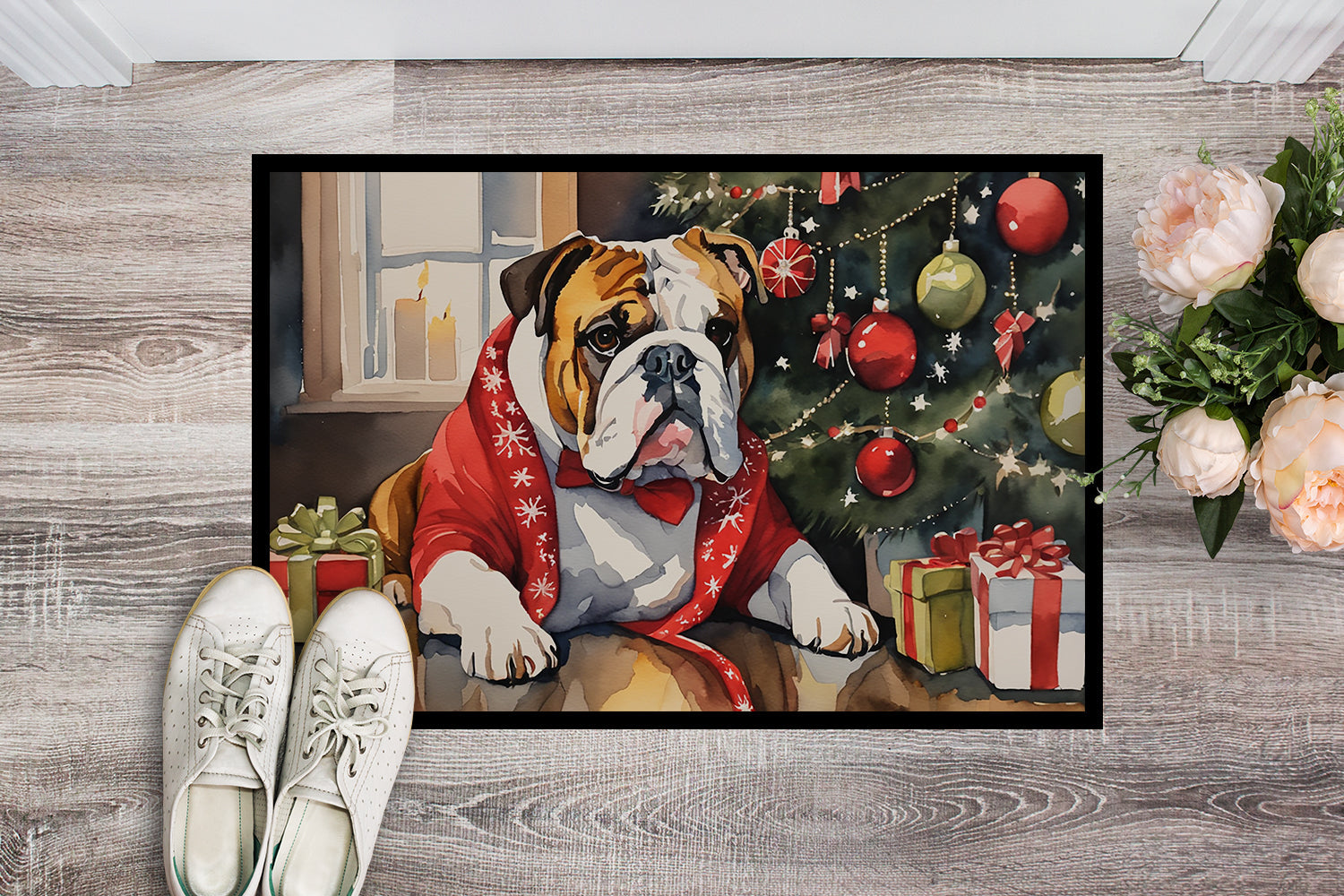 English Bulldog Cozy Christmas Doormat Indoor Outdoor 18H X 27W Front Door Mat Rugs for Entryway, Non Slip Washable