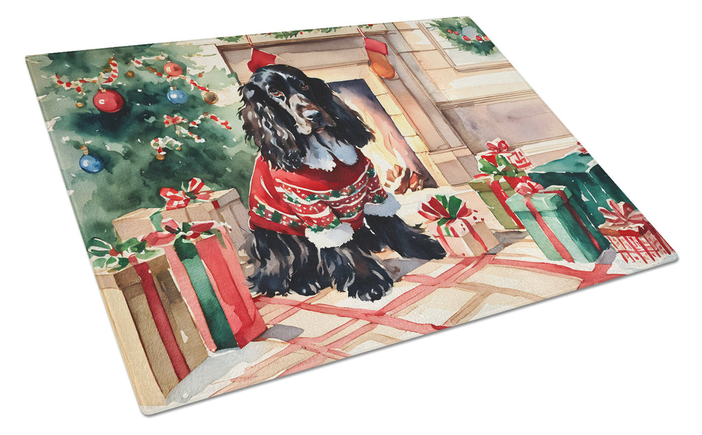 English Cocker Spaniel Cozy Christmas Cutting Board Tempered Glass Kitchen Cutting Surface, Heat Resistant Chopping, Non-Slip Feet, Food Prep & Serving