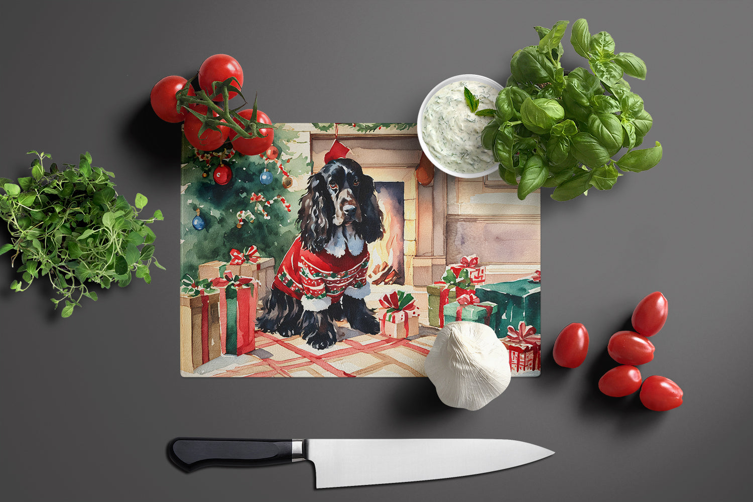 English Cocker Spaniel Cozy Christmas Cutting Board Tempered Glass Kitchen Cutting Surface, Heat Resistant Chopping, Non-Slip Feet, Food Prep & Serving