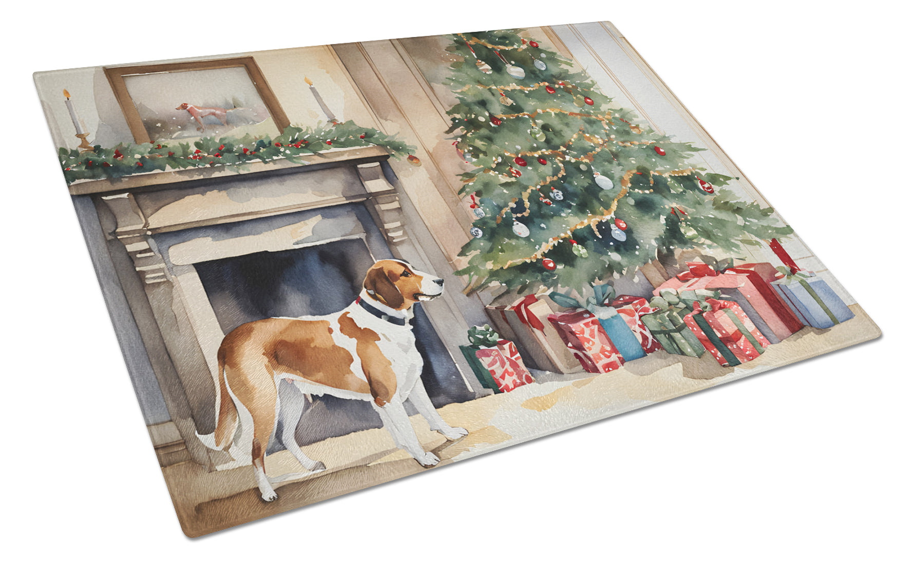 English Foxhound Cozy Christmas Cutting Board Tempered Glass Kitchen Cutting Surface, Heat Resistant Chopping, Non-Slip Feet, Food Prep & Serving