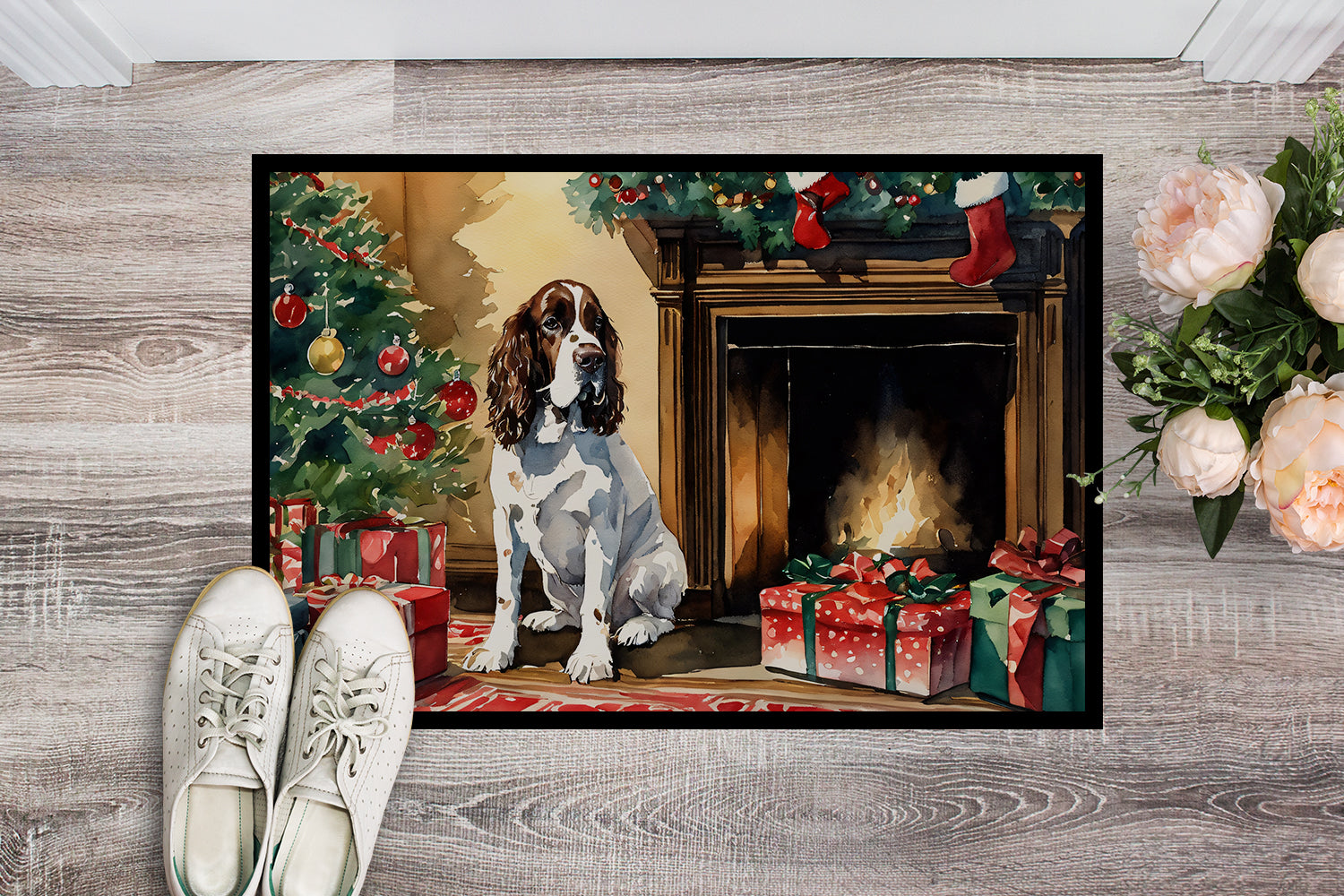 English Springer Spaniel Cozy Christmas Doormat Indoor Outdoor 24H X 36W Front Door Mat Rugs for Entryway, Non Slip Washable Low Pile,
