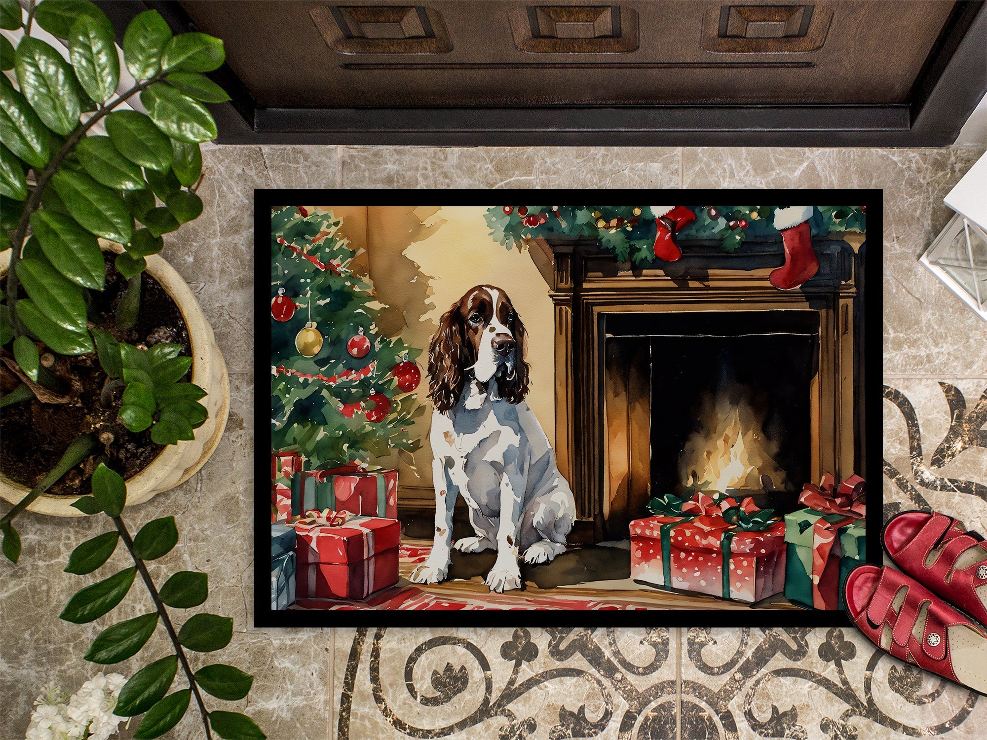 English Springer Spaniel Cozy Christmas Doormat Indoor Outdoor 24H X 36W Front Door Mat Rugs for Entryway, Non Slip Washable Low Pile,