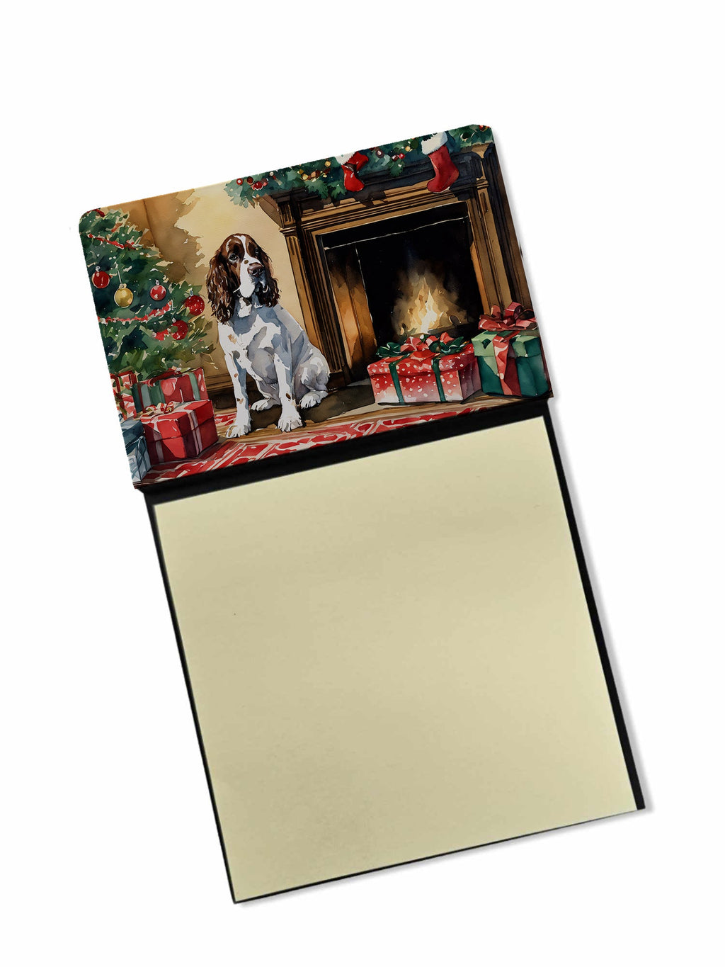 English Springer Spaniel Cozy Christmas Watercolor Sticky Note Holder Refillable Dispenser Desk Accessory 3x3 Pad Gift