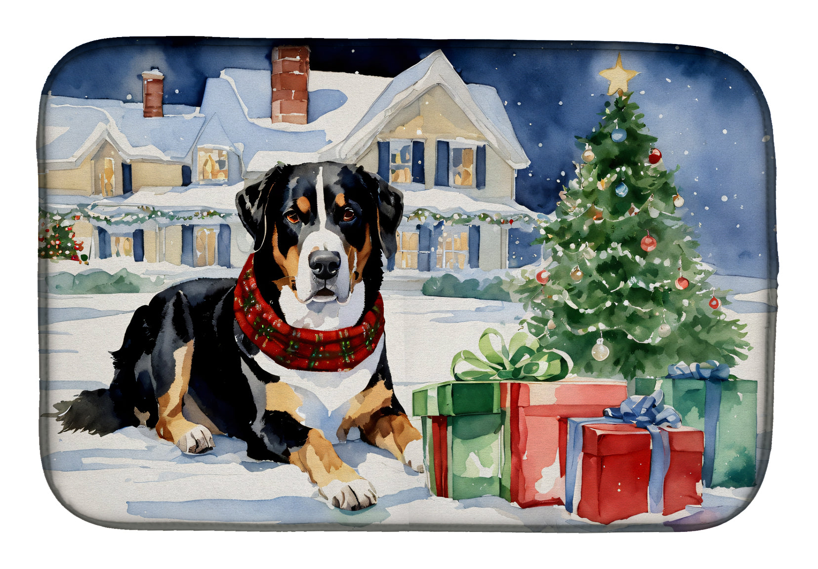 Entlebucher Mountain Dog Cozy Christmas Dish Drying Mat Absorbent Dish Drying Mat Pad for Kitchen Counter Dish Drainer Mat for Countertop, 14 x 21", Multicolor