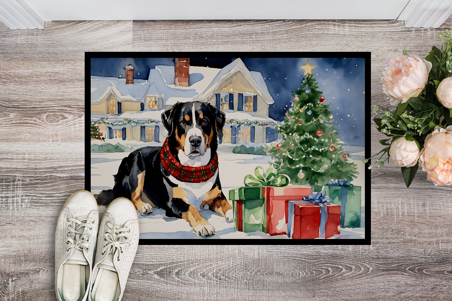 Entlebucher Mountain Dog Cozy Christmas Doormat Indoor Outdoor 18H X 27W Front Door Mat Rugs for Entryway, Non Slip Washable
