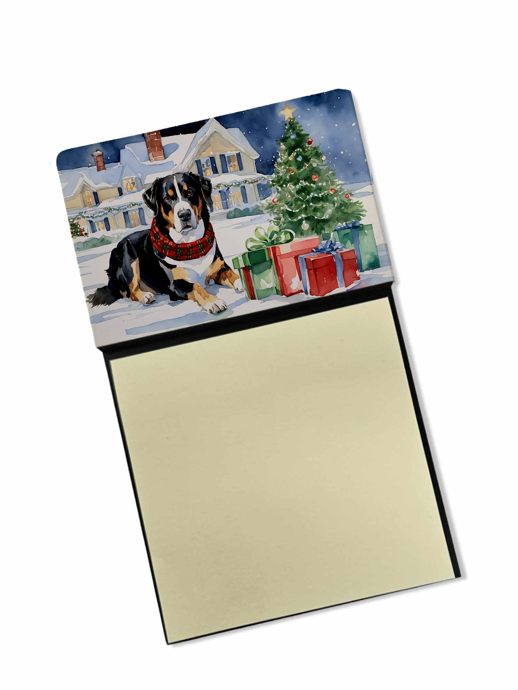 Entlebucher Mountain Dog Cozy Christmas Watercolor Sticky Note Holder Refillable Dispenser Desk Accessory 3x3 Pad Gift