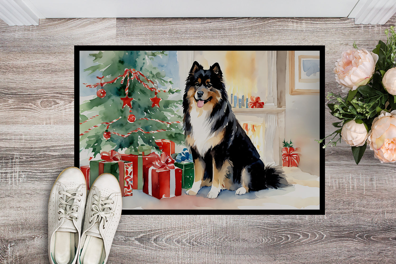 Finnish Lapphund Cozy Christmas Doormat Indoor Outdoor 24H X 36W Front Door Mat Rugs for Entryway, Non Slip Washable Low Pile,