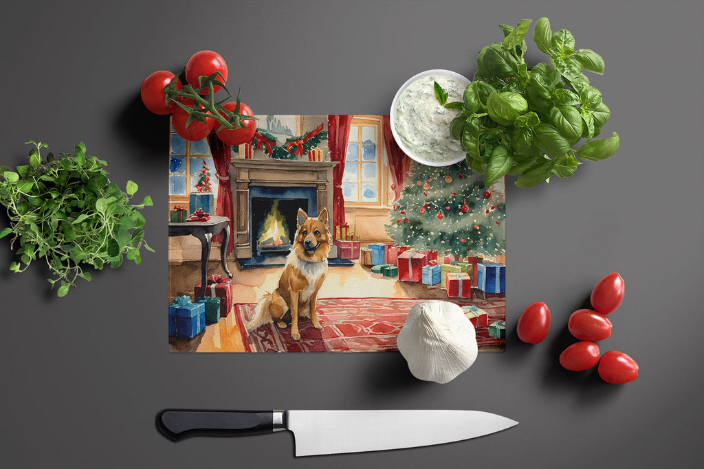 Finnish Spitz Cozy Christmas Cutting Board Tempered Glass Kitchen Cutting Surface, Heat Resistant Chopping, Non-Slip Feet, Food Prep & Serving
