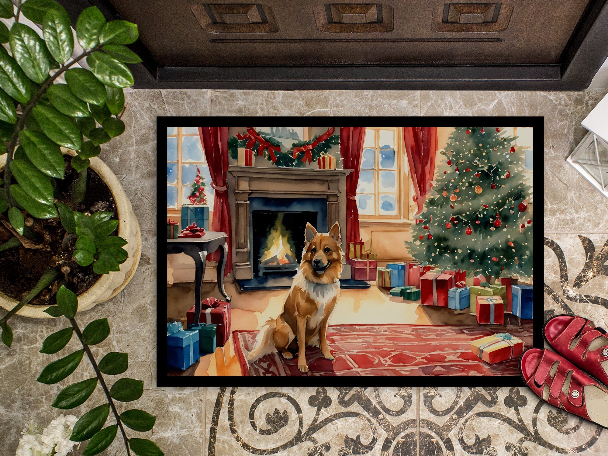 Finnish Spitz Cozy Christmas Doormat Indoor Outdoor 18H X 27W Front Door Mat Rugs for Entryway, Non Slip Washable