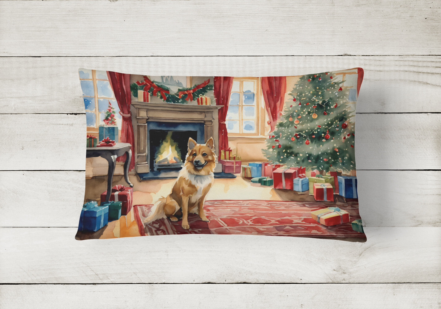Finnish Spitz Cozy Christmas Decorative Throw Pillow 12x16 Indoor Outdoor Accent Cushion, Fabric Cover with Insert for Sofa, Bed, Porch & Living Room