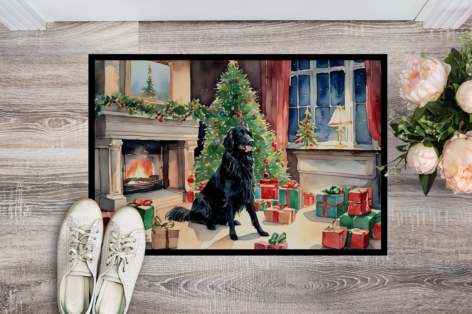Flat-Coated Retriever Cozy Christmas Doormat Indoor Outdoor 24H X 36W Front Door Mat Rugs for Entryway, Non Slip Washable Low Pile,