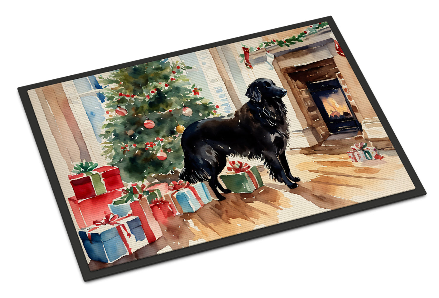 Flat-Coated Retriever Cozy Christmas Doormat Indoor Outdoor 18H X 27W Front Door Mat Rugs for Entryway, Non Slip Washable