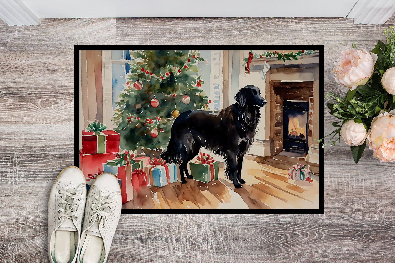 Flat-Coated Retriever Cozy Christmas Doormat Indoor Outdoor 18H X 27W Front Door Mat Rugs for Entryway, Non Slip Washable
