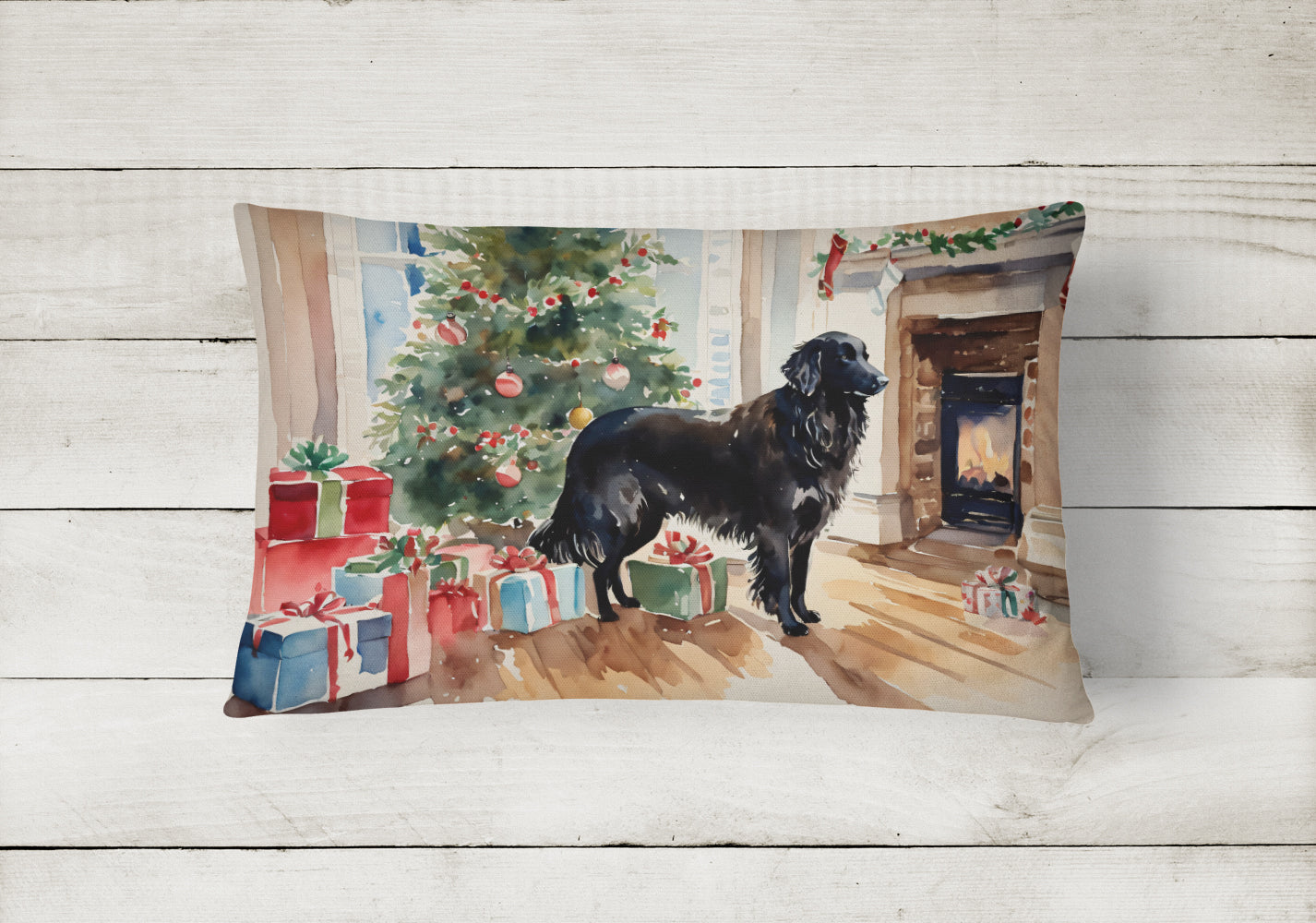 Flat-Coated Retriever Cozy Christmas Decorative Throw Pillow 12x16 Indoor Outdoor Accent Cushion, Fabric Cover with Insert for Sofa, Bed, Porch & Living Room