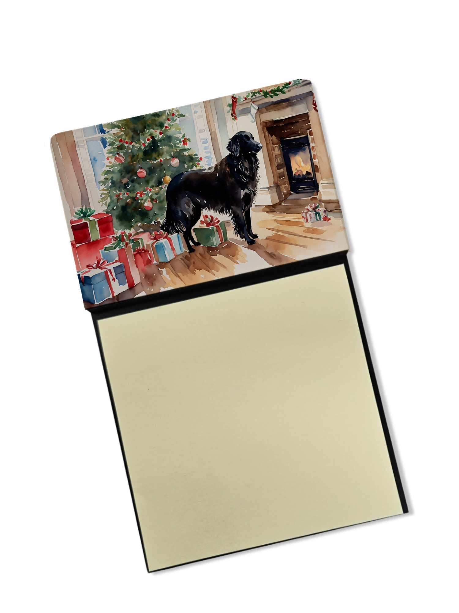 Flat-Coated Retriever Cozy Christmas Watercolor Sticky Note Holder Refillable Dispenser Desk Accessory 3x3 Pad Gift