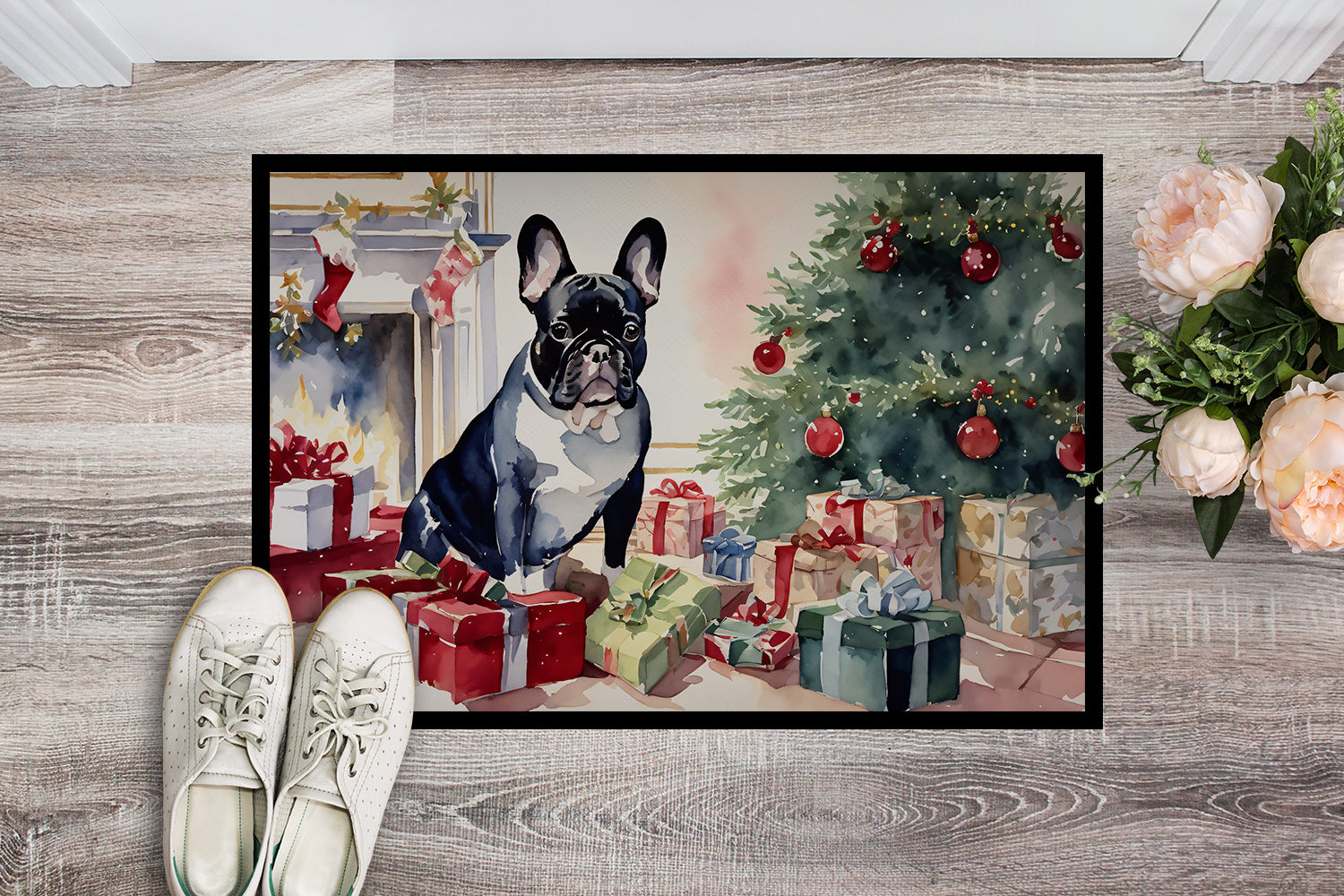 French Bulldog Cozy Christmas Doormat Indoor Outdoor 24H X 36W Front Door Mat Rugs for Entryway, Non Slip Washable Low Pile,