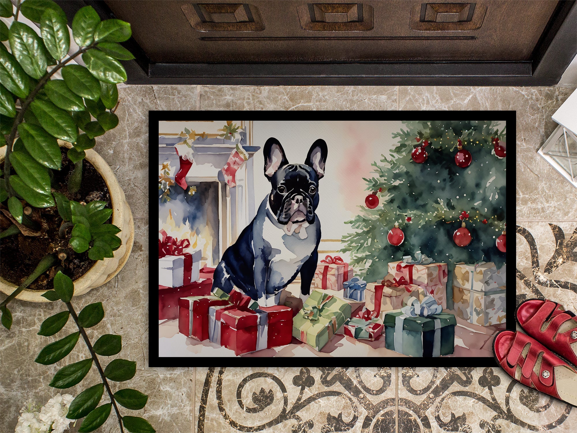 French Bulldog Cozy Christmas Doormat Indoor Outdoor 18H X 27W Front Door Mat Rugs for Entryway, Non Slip Washable
