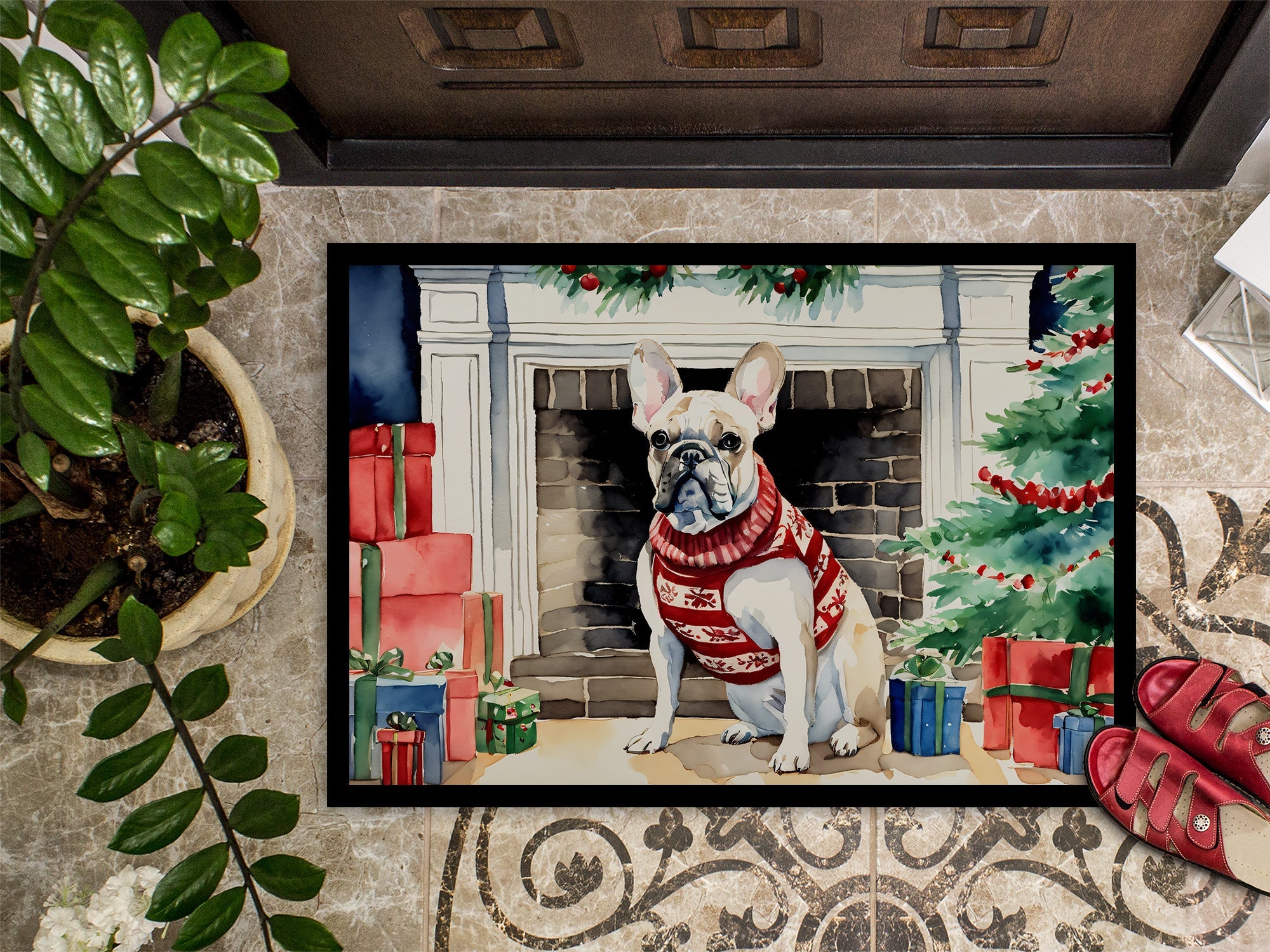 French Bulldog Cozy Christmas Doormat Indoor Outdoor 24H X 36W Front Door Mat Rugs for Entryway, Non Slip Washable Low Pile,