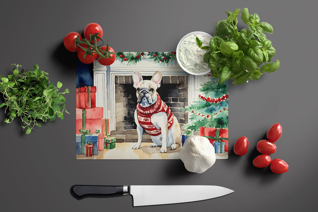 French Bulldog Cozy Christmas Cutting Board Tempered Glass Kitchen Cutting Surface, Heat Resistant Chopping, Non-Slip Feet, Food Prep & Serving
