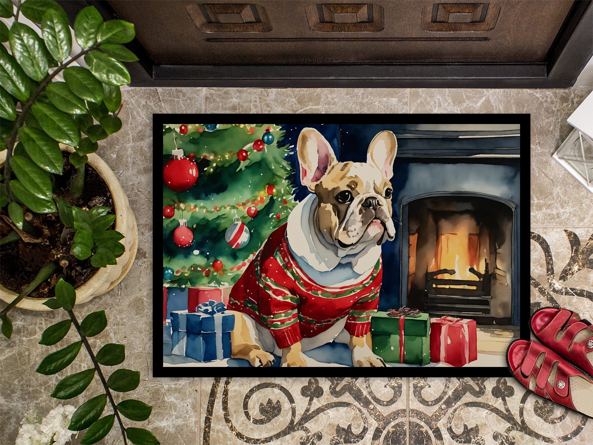 French Bulldog Cozy Christmas Doormat Indoor Outdoor 18H X 27W Front Door Mat Rugs for Entryway, Non Slip Washable