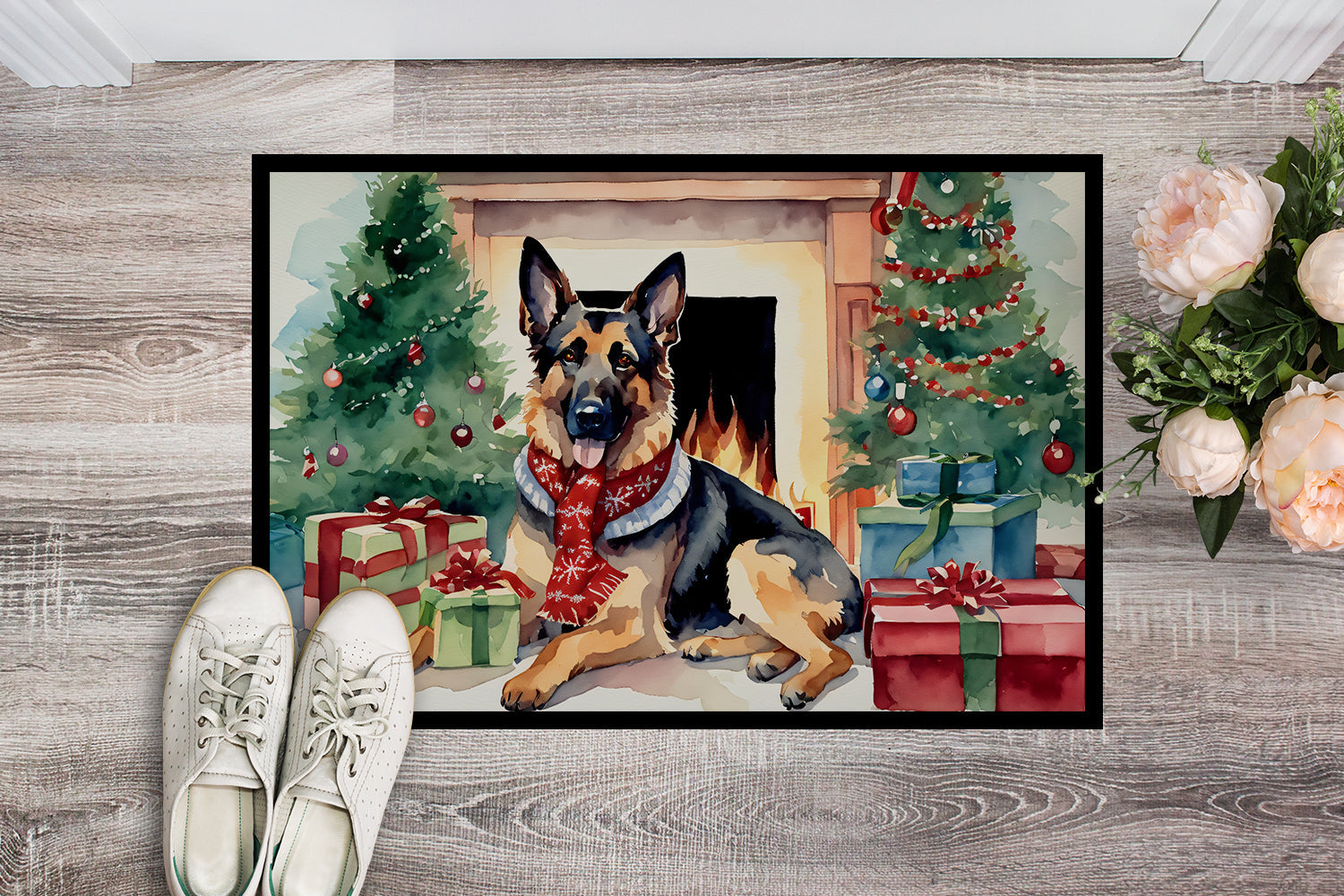 German Shepherd Cozy Christmas Doormat Indoor Outdoor 18H X 27W Front Door Mat Rugs for Entryway, Non Slip Washable
