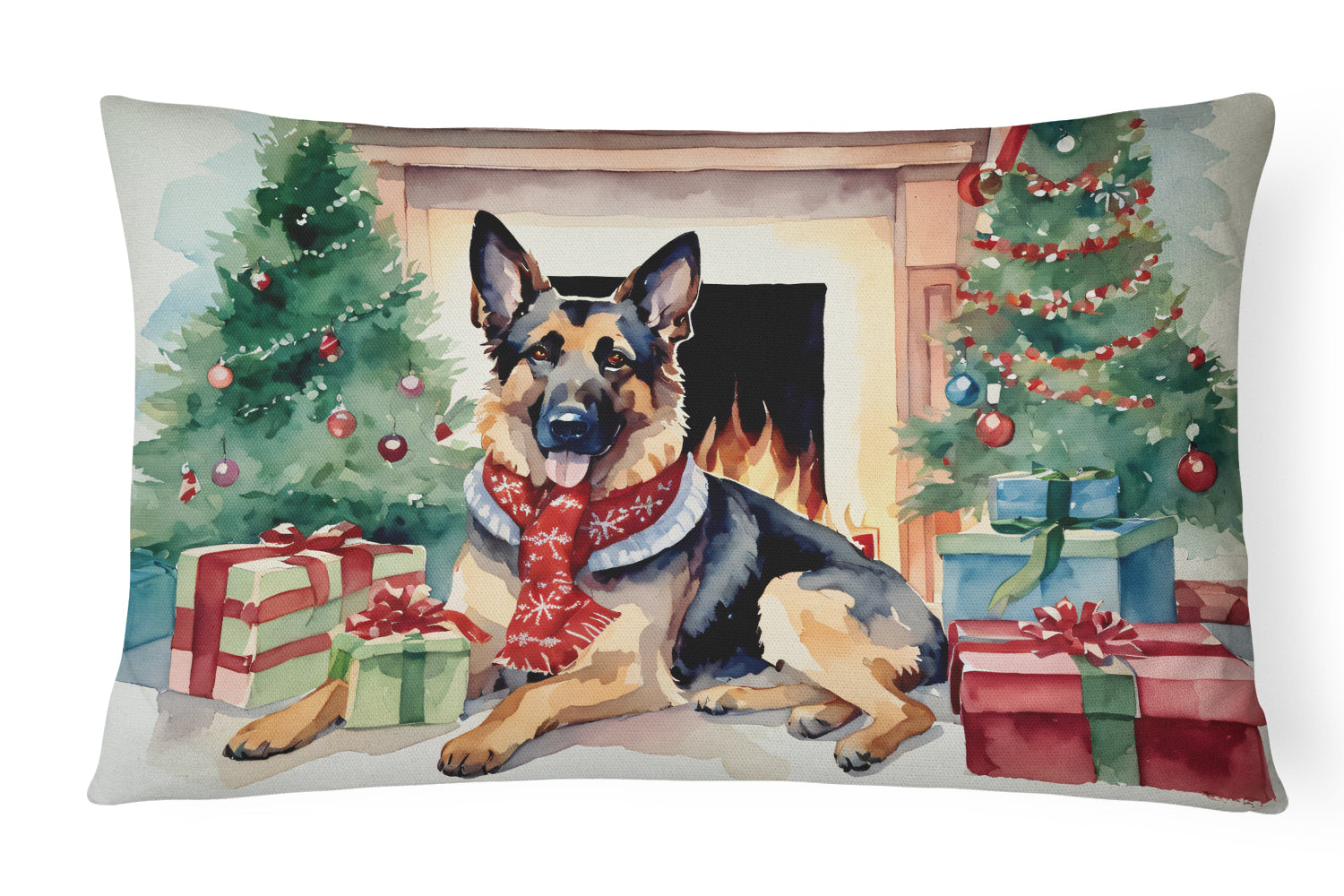 German Shepherd Cozy Christmas Decorative Throw Pillow 12x16 Indoor Outdoor Accent Cushion, Fabric Cover with Insert for Sofa, Bed, Porch & Living Room