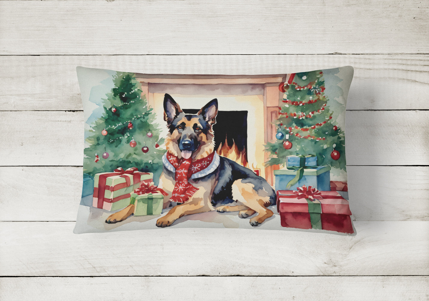 German Shepherd Cozy Christmas Decorative Throw Pillow 12x16 Indoor Outdoor Accent Cushion, Fabric Cover with Insert for Sofa, Bed, Porch & Living Room